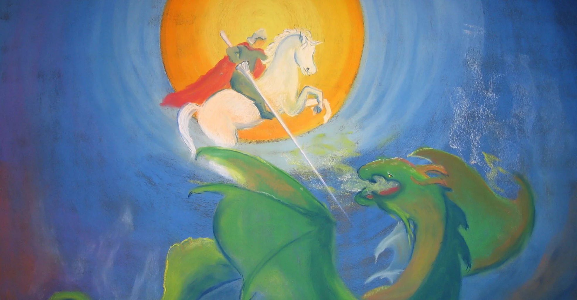 chalkboard drawing of Saint Michael with a red cape on white horse slaying the dragon