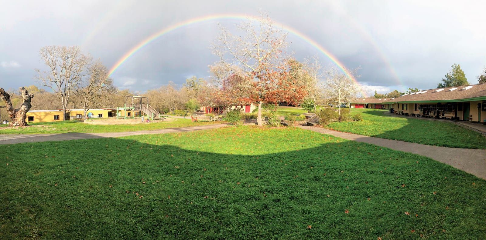 A wide panoramic view of the school courtyard: a full double rainbow arcs over the campus's yellow buildings, a bare-branched tree with a few remaining red autumn leaves, and green lawns crossed by paved walkways.
