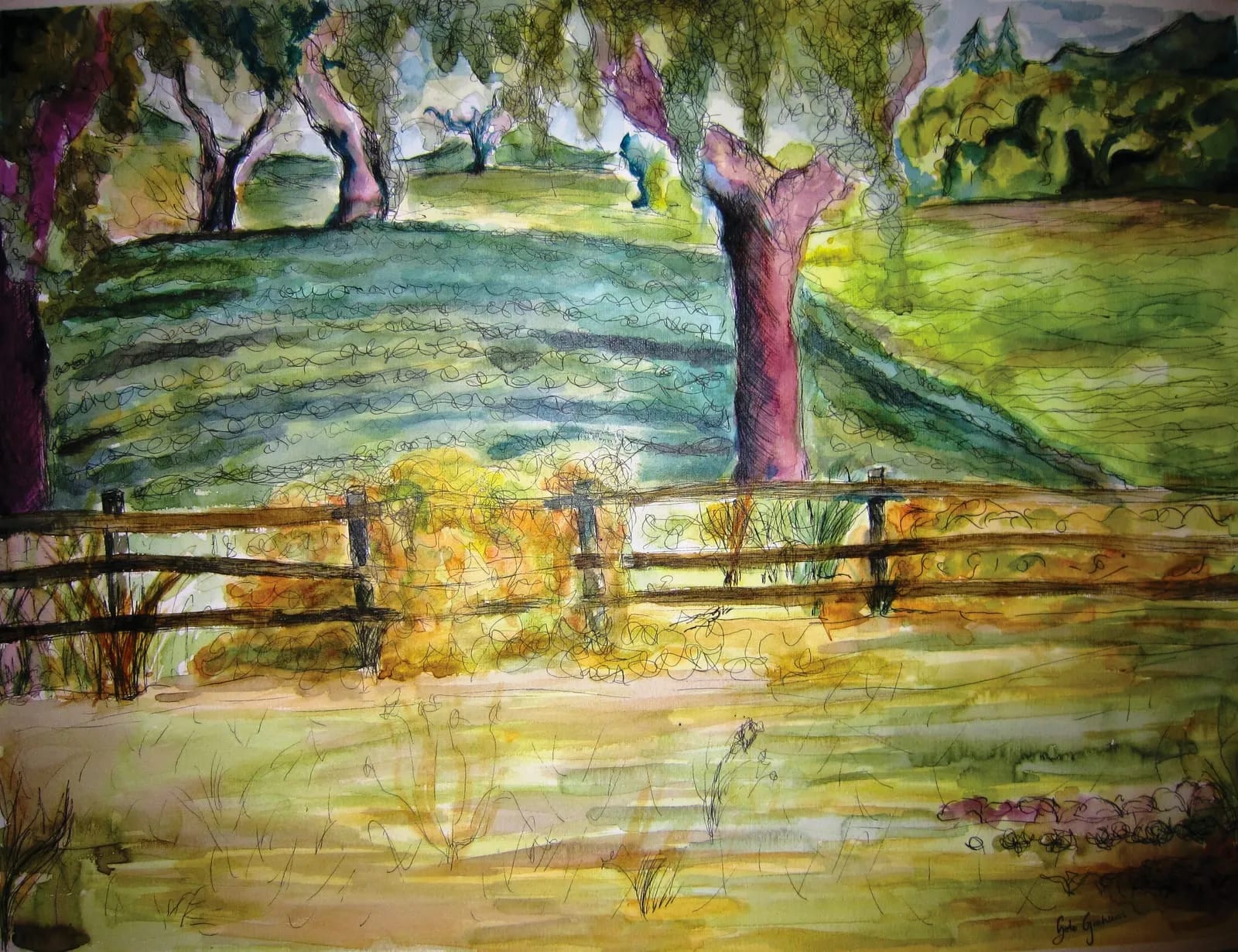 A pen-and-watercolor sketch of an oak-shaded pasture with a wooden split-rail fence