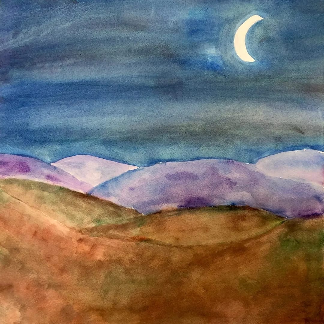Crescent moon watercolor nightscape