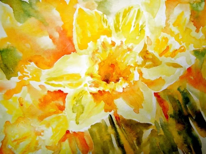 A close-up watercolor painting of a bright yellow daffodil in bloom