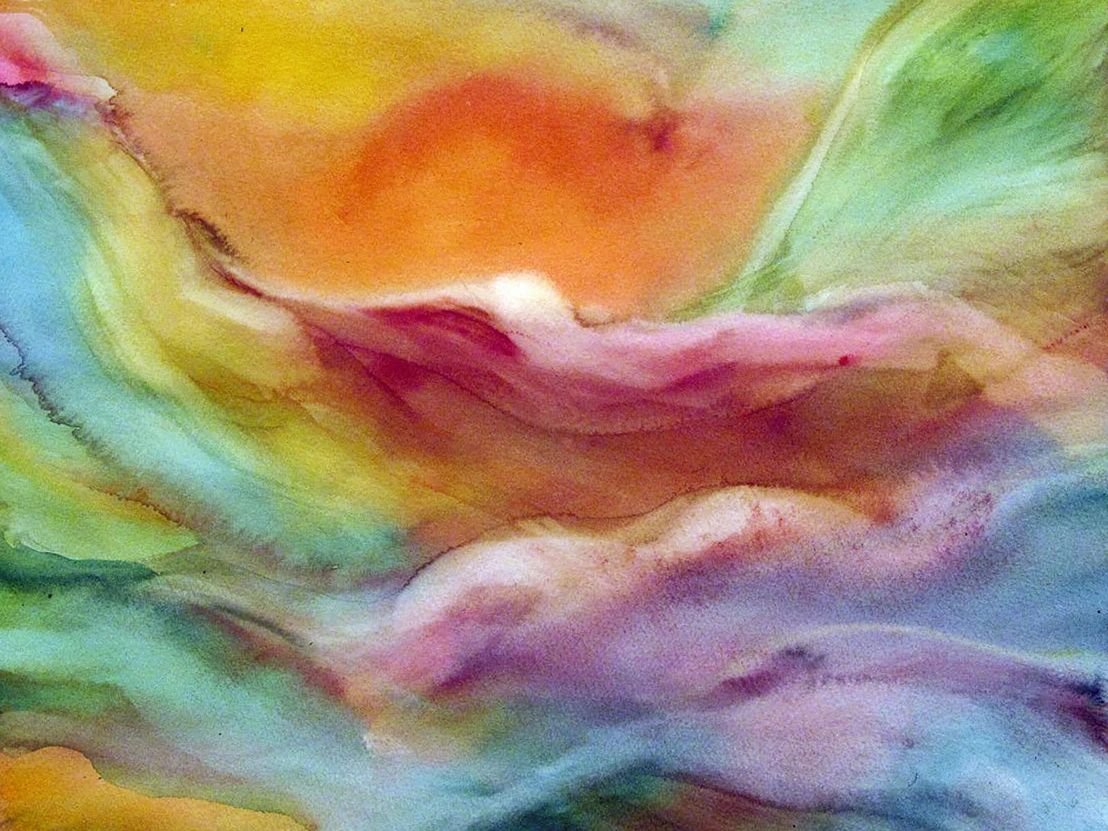 An abstract wet-on-wet watercolor wash blending fiery orange with cool green and blue tones