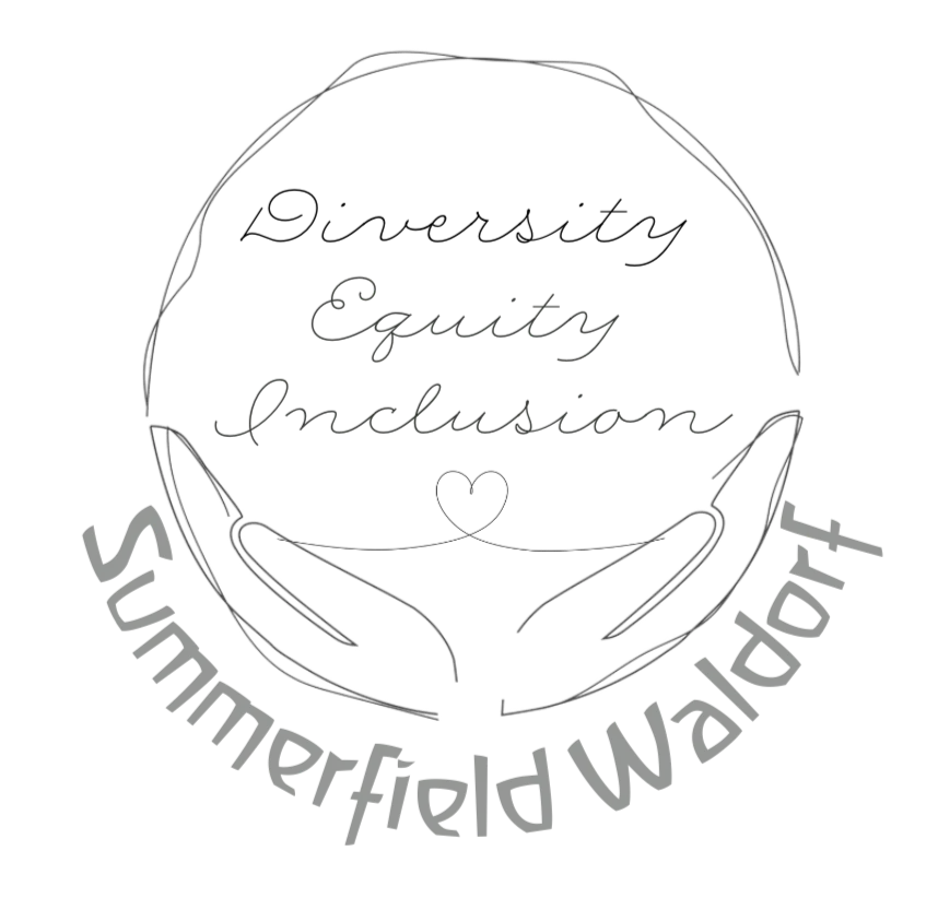 Hand-drawn line illustration of a circle reading "Diversity, Equity, Inclusion," resting above two cupped hands cradling a small heart, with "Summerfield Waldorf" lettered in gray script beneath