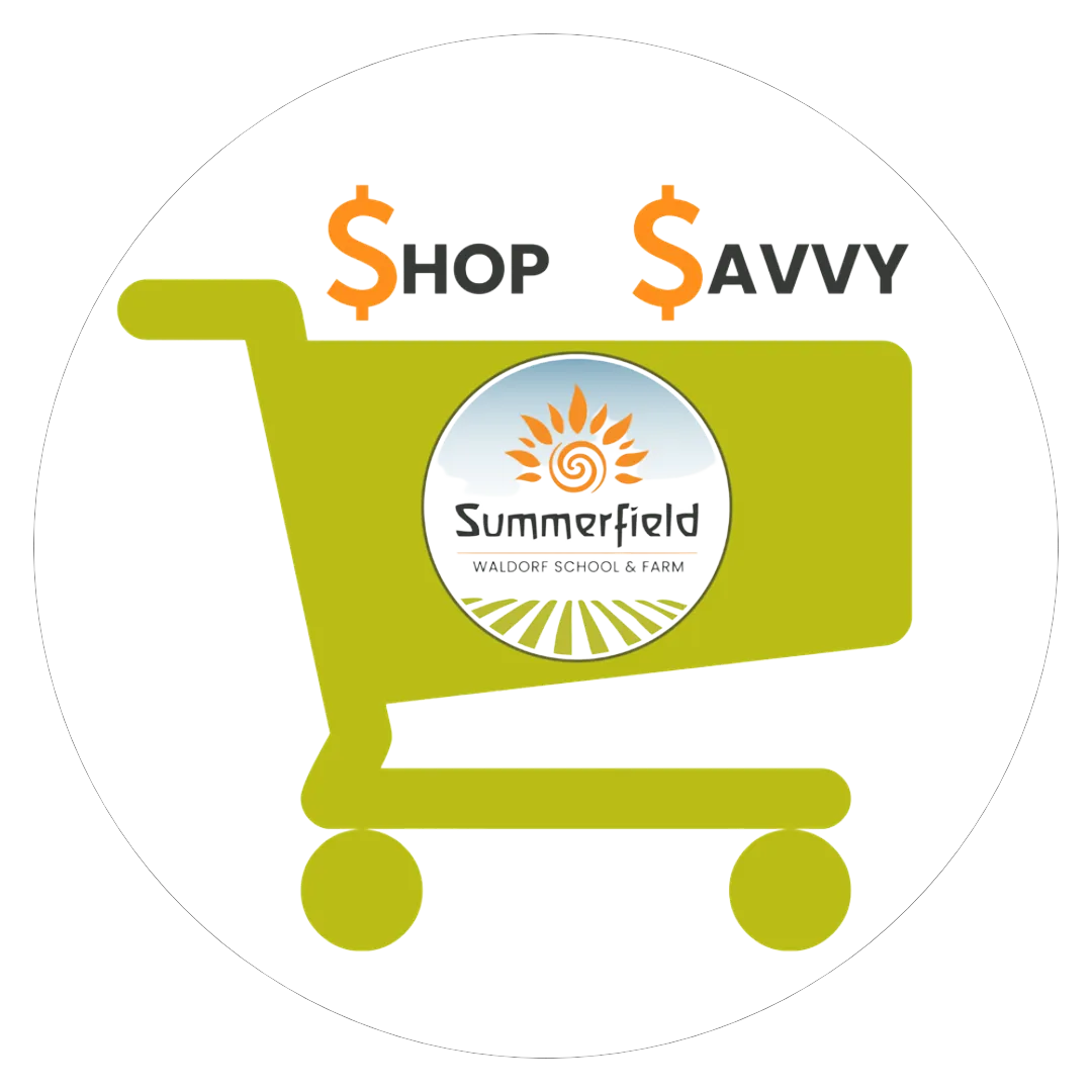 Shop Savvy logo: a green shopping cart carrying the Summerfield Waldorf School & Farm roundel, the two S's drawn as dollar signs.