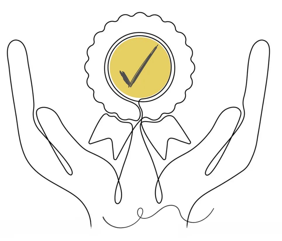 Hands holding checkmark badge