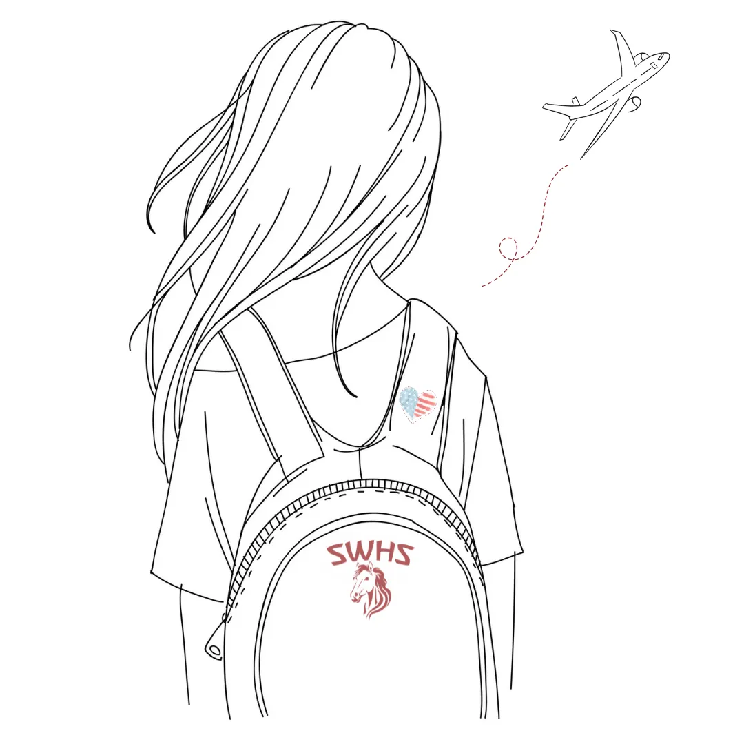 Line drawing of a student seen from behind wearing a backpack marked "SWHS" with a mustang head, a small US-flag heart on her shoulder and a plane climbing away above her.