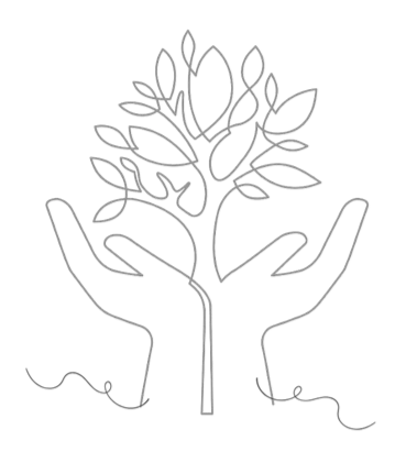 A minimalist line drawing of two open hands cradling the roots of a tree that grows upward into leaves, with curling tendrils of grass beneath the palms