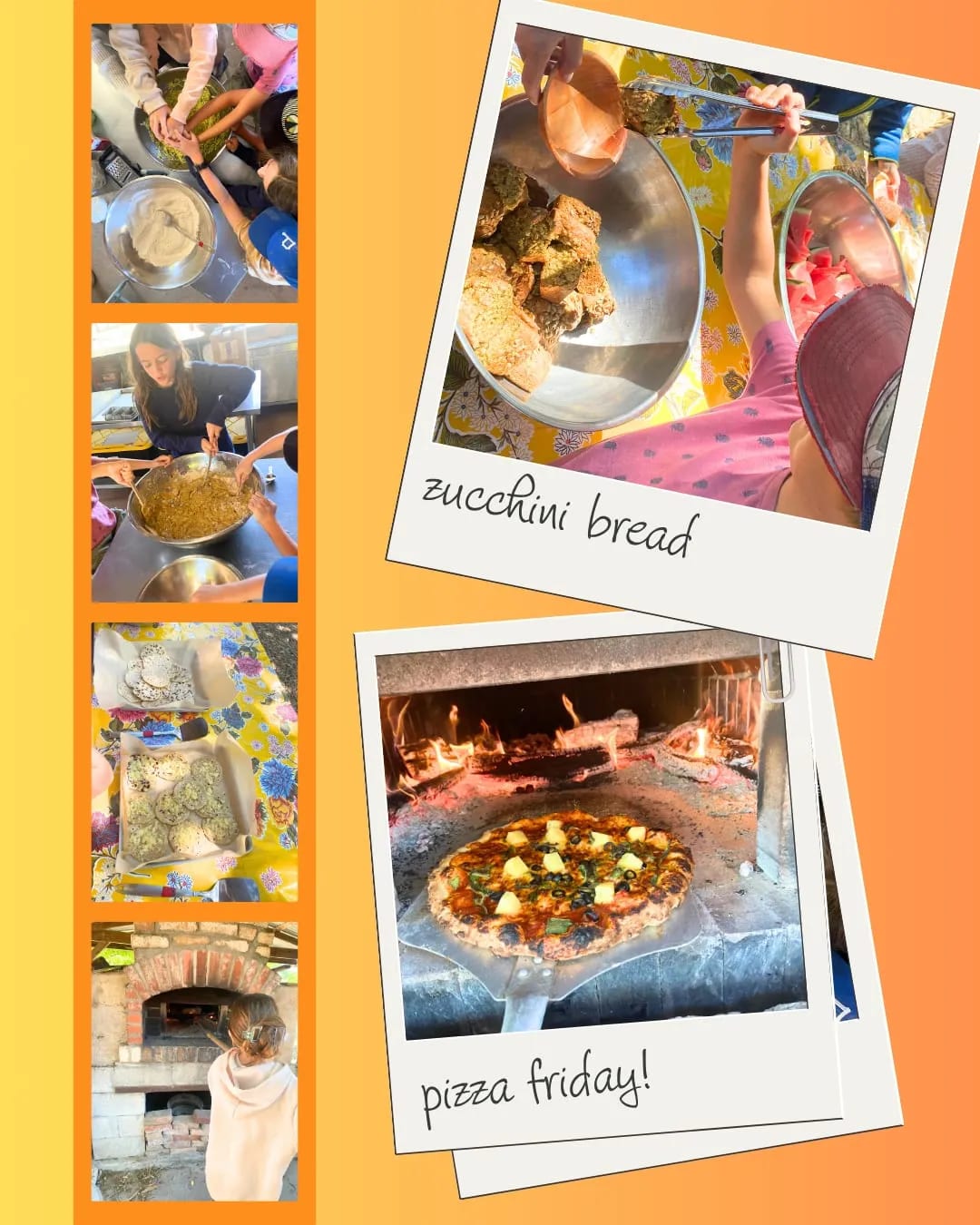 Collage of campers mixing zucchini bread batter and baking pizza in the wood-fired oven