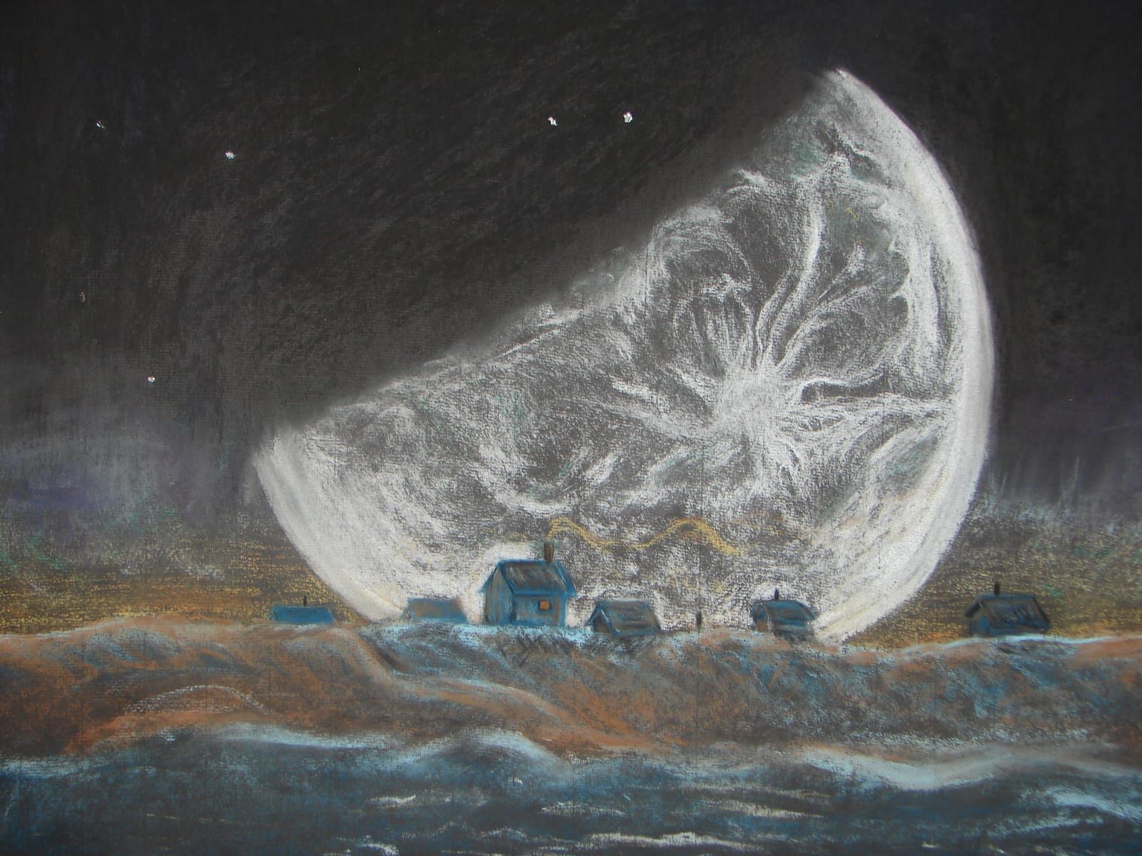 A luminous full moon rendered in white chalk pastel fills a night sky over a row of small blue houses, drawn on a classroom blackboard.